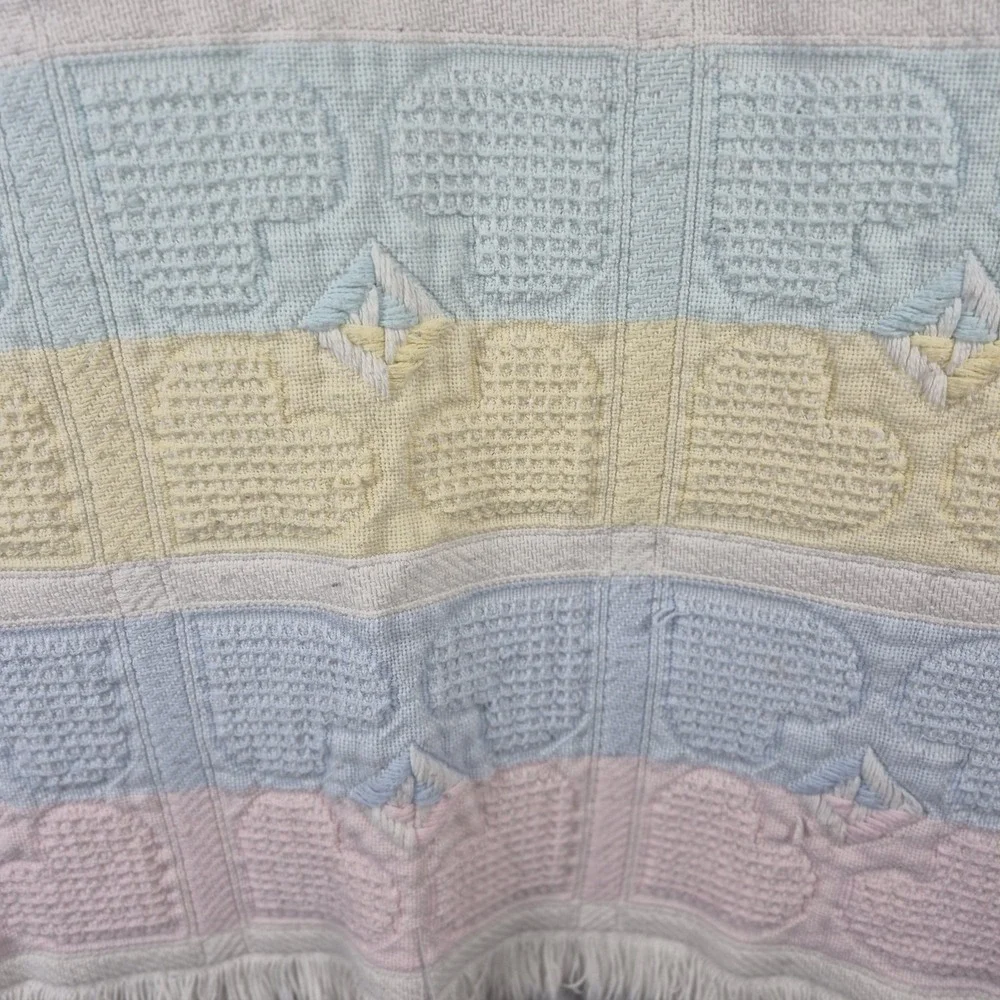 Vintage Pastel‎ Hearts Baby Blanket Fringe Waffle Knit Pink Blue Unisex
